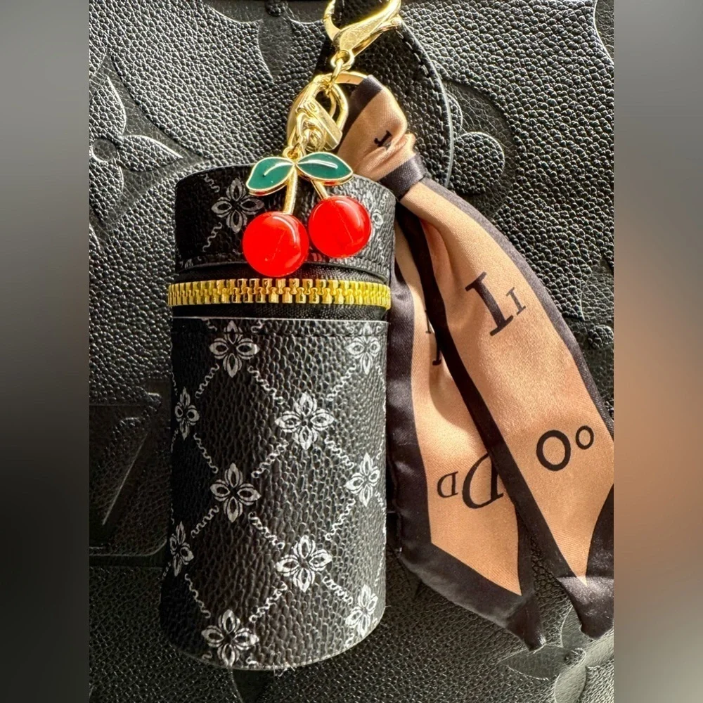 New Black Flower Diamond Print Mini Bag Purse Charm Keychain w/ Scarf & Cherry